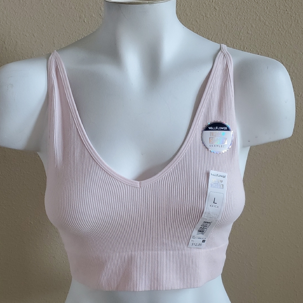 Wallflower KAYLA Deep V Bralette Ribbed Crop Top Size Large XL Light Pink NWT